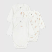 Set of 3 Long Sleeve Wrapover Cotton Teddy Bear Bodysuits - Parkette.