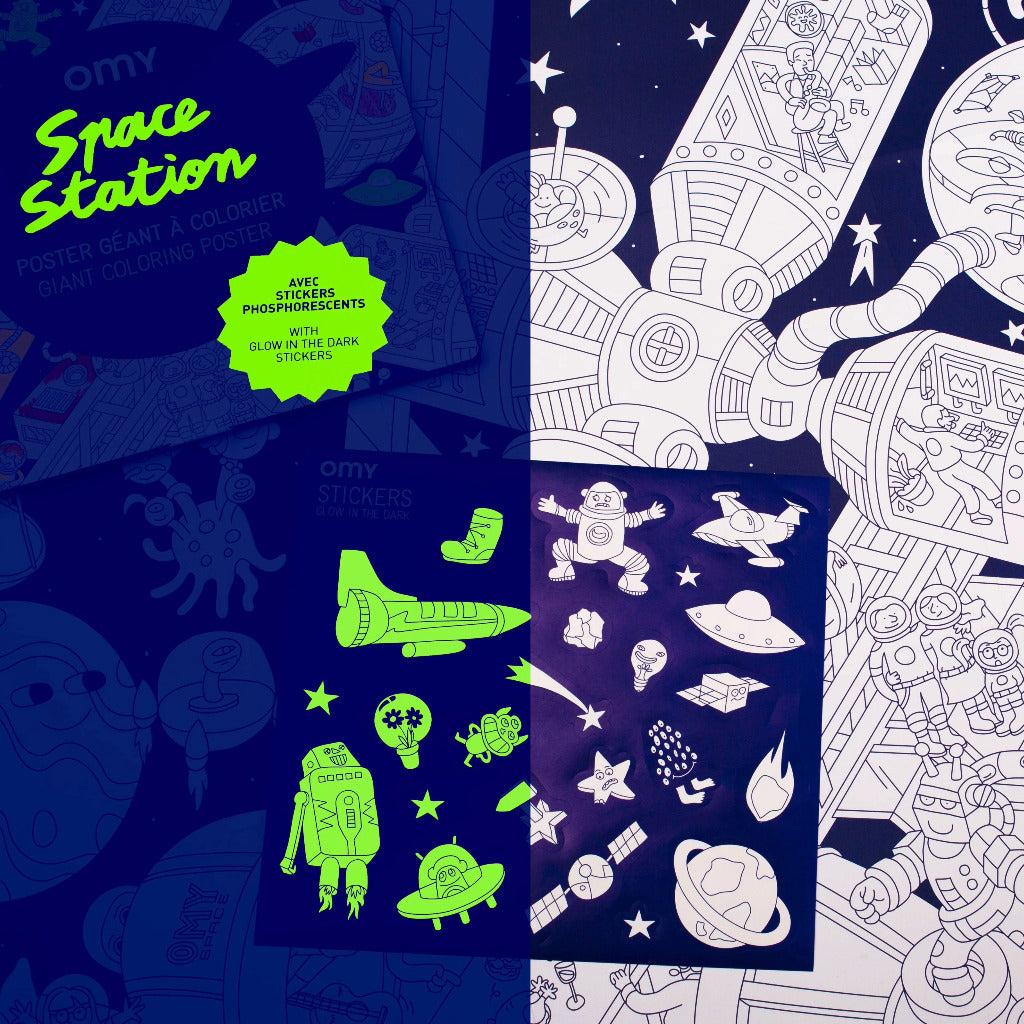 space station giant colouring poster + glow-in-the-dark stickers - Parkette.