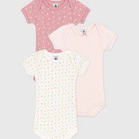 Short-Sleeved Printed Cotton Bodysuit - Pack of 3 (Hearts) - Parkette.