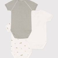 Wrapover Short-Sleeved Printed Cotton Bodysuit - Pack of 3 (Hippos) - Parkette.