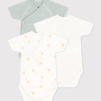 Wrapover Short-Sleeved Printed Cotton Bodysuit - Pack of 3 (Turtles) - Parkette.