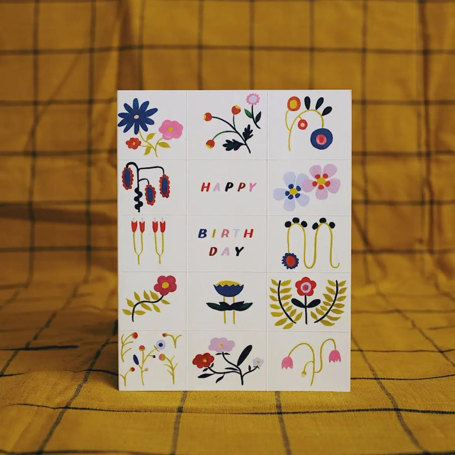 Grid Flower Doodles Birthday Card