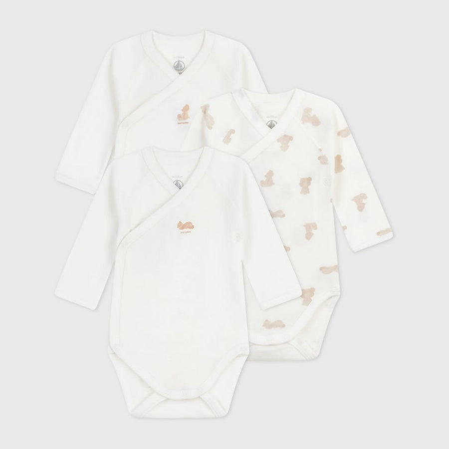 Set of 3 Long Sleeve Wrapover Cotton Teddy Bear Bodysuits - Parkette.