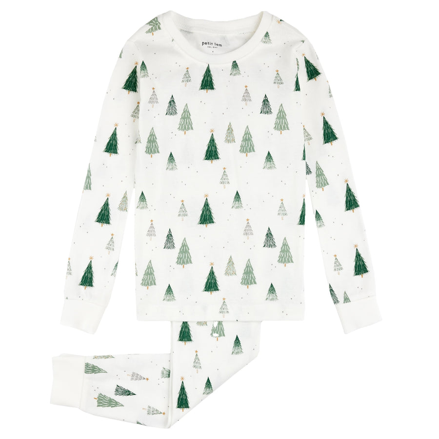 Christmas Tree Print on Off-White PJ Set - Parkette.