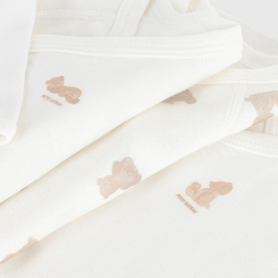 Set of 3 Long Sleeve Wrapover Cotton Teddy Bear Bodysuits - Parkette.
