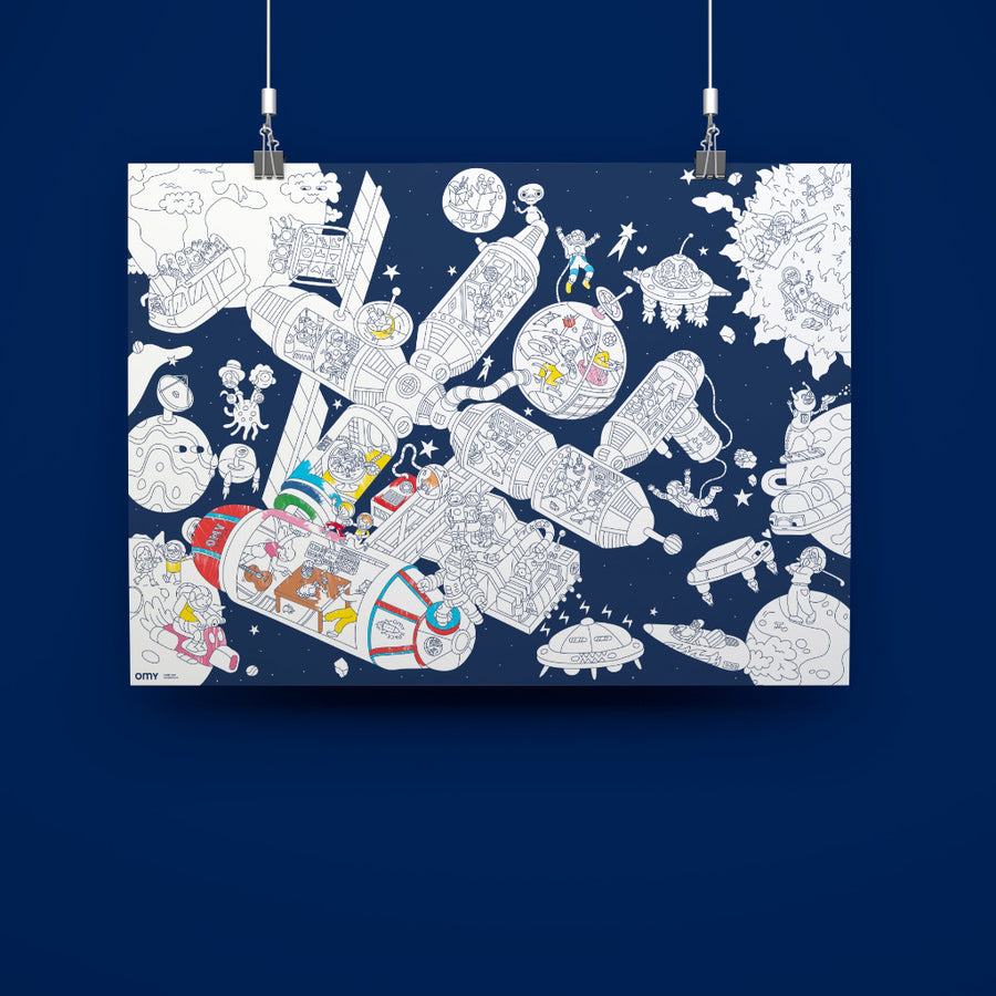 space station giant colouring poster + glow-in-the-dark stickers - Parkette.