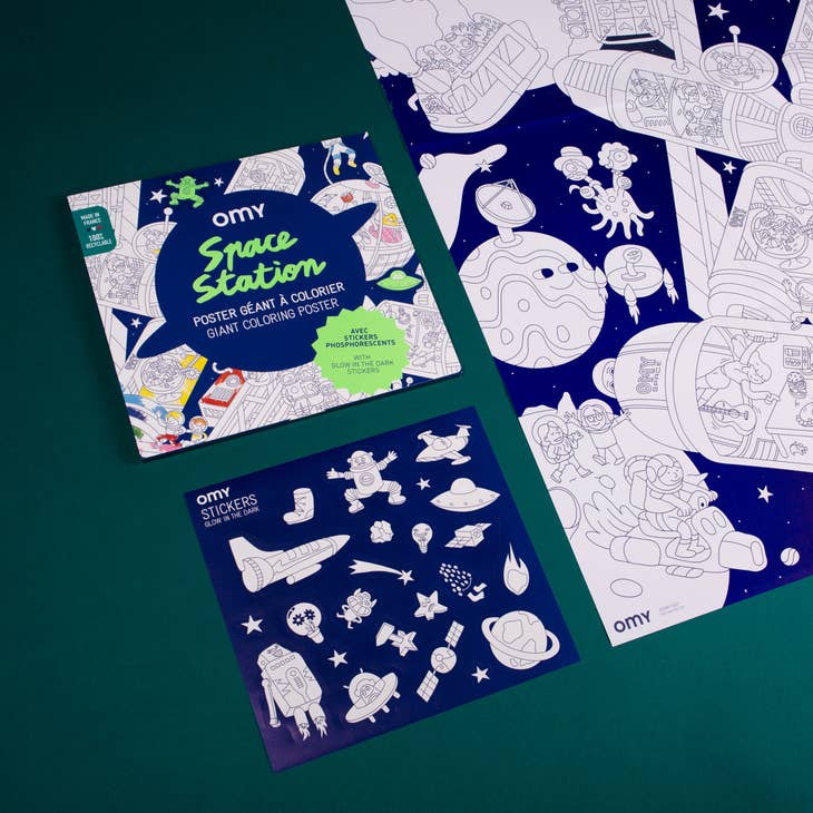 space station giant colouring poster + glow-in-the-dark stickers - Parkette.