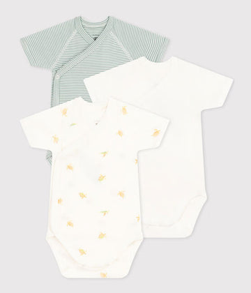 Wrapover Short-Sleeved Printed Cotton Bodysuit - Pack of 3 (Turtles) - Parkette.