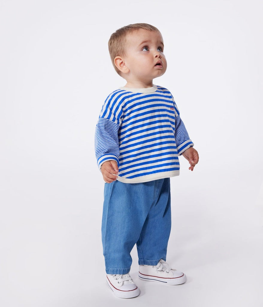 Babies Long Sleeved Stripy Cotton T Shirt - Blue - Parkette.