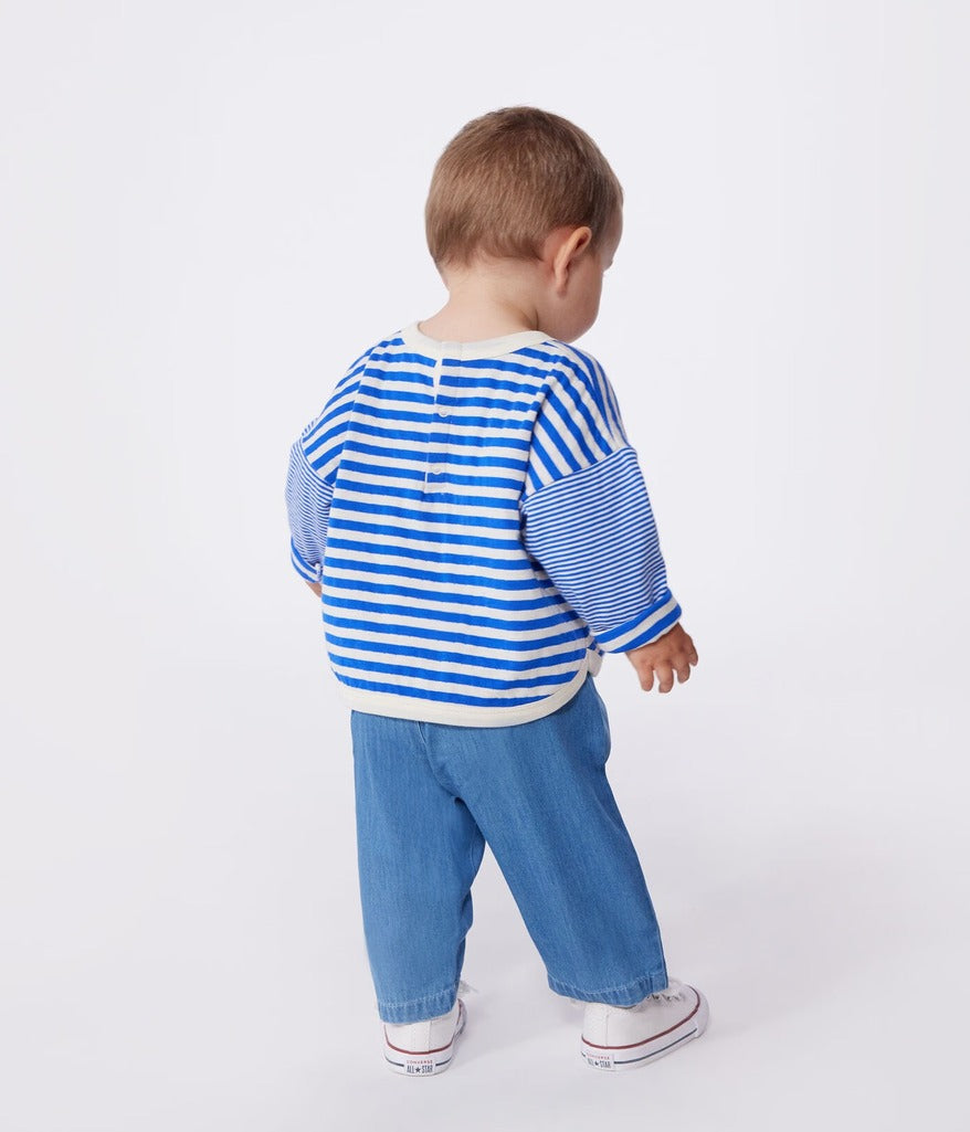 Babies Long Sleeved Stripy Cotton T Shirt - Blue - Parkette.