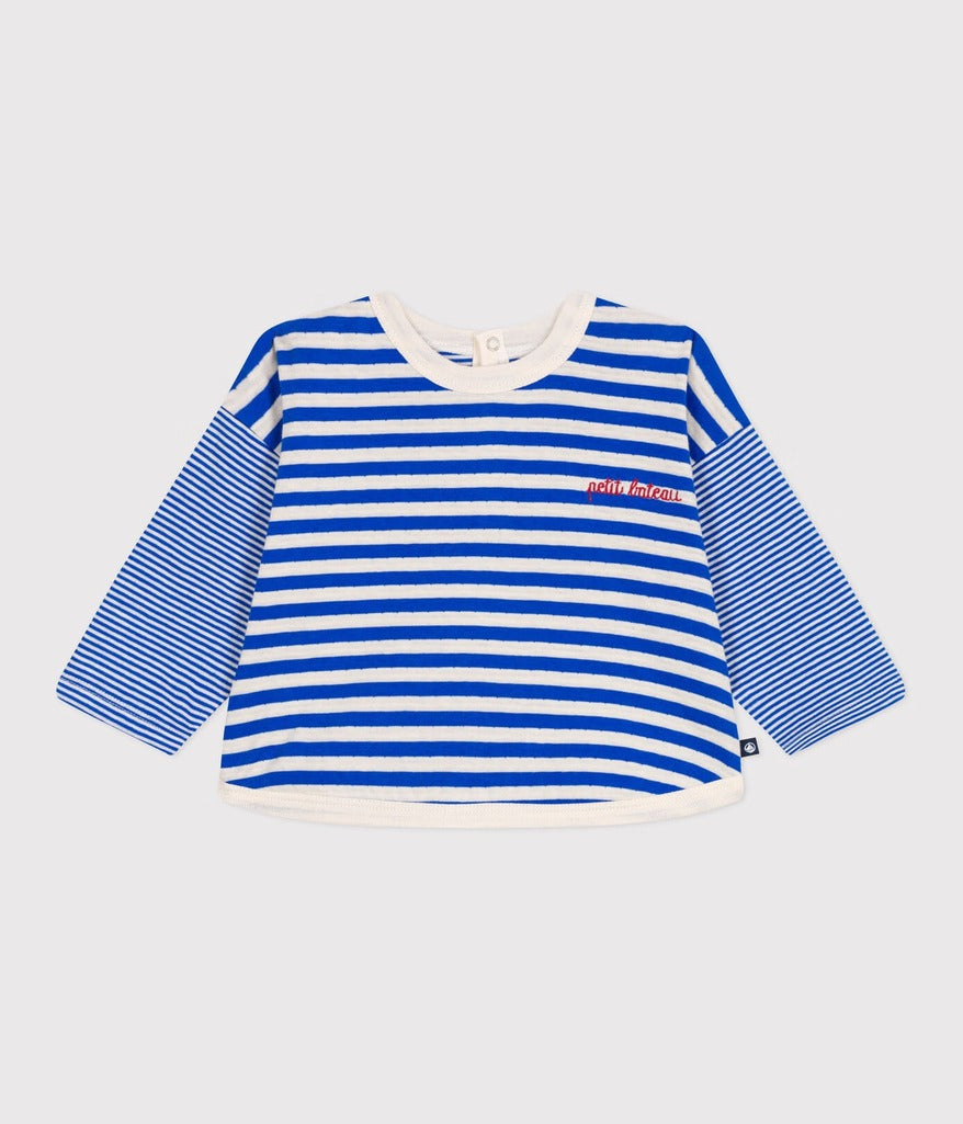 Babies Long Sleeved Stripy Cotton T Shirt - Blue - Parkette.