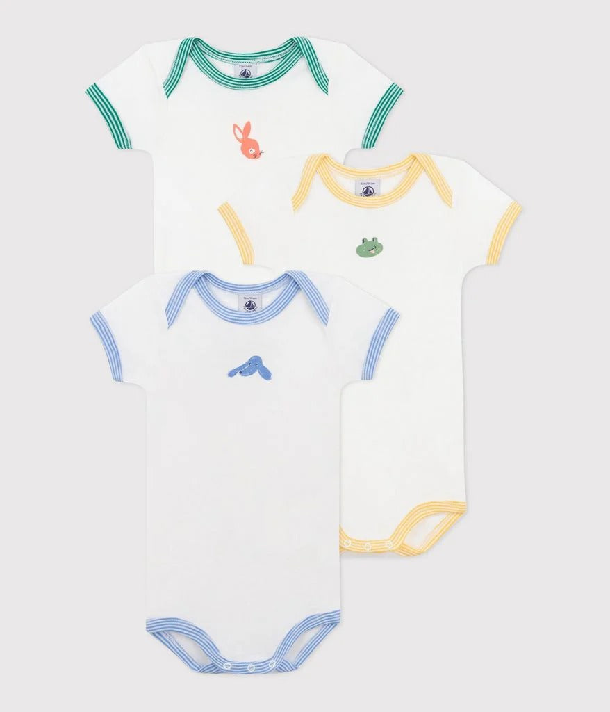 Short-Sleeved Printed Cotton Bodysuit - Pack of 3 (Animals) - Parkette.