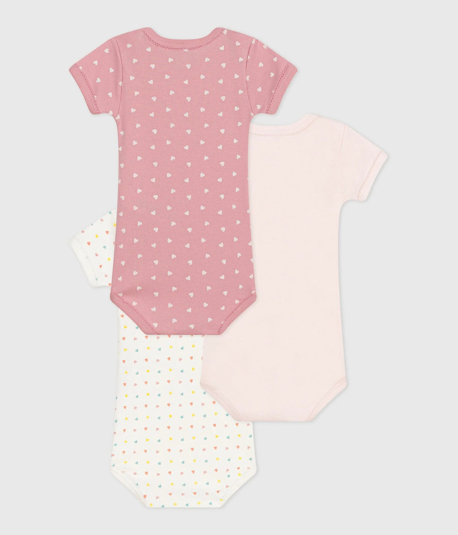 Short-Sleeved Printed Cotton Bodysuit - Pack of 3 (Hearts) - Parkette.