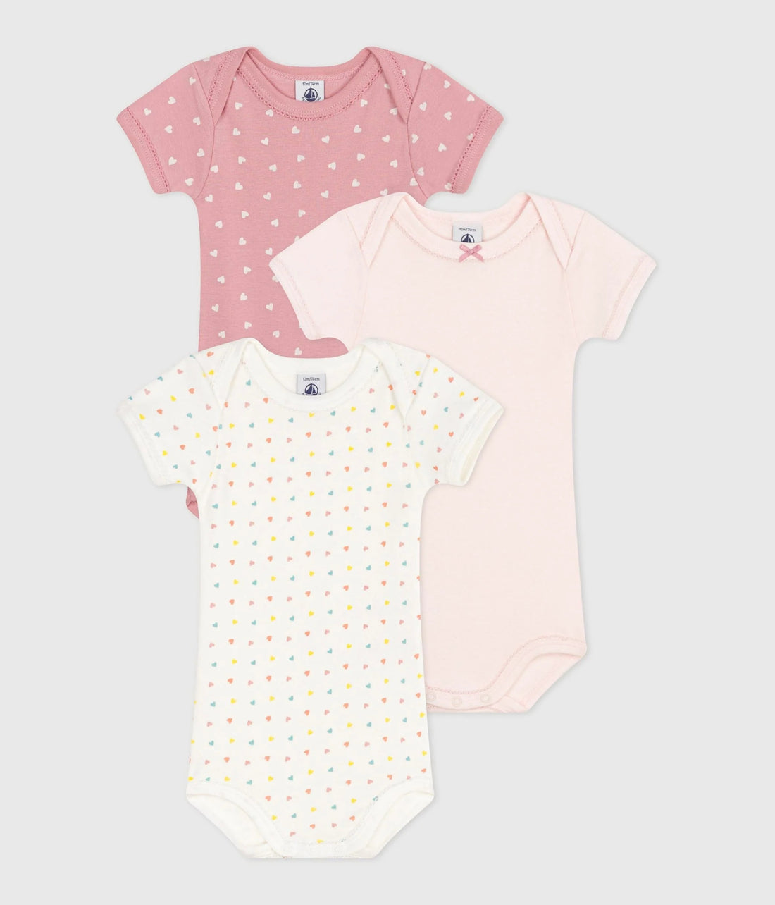 Short-Sleeved Printed Cotton Bodysuit - Pack of 3 (Hearts) - Parkette.