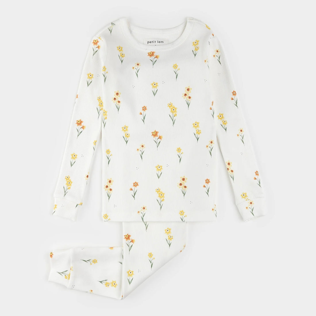 Daffodil Print on Off-White Ribbed PJ Set - Parkette.