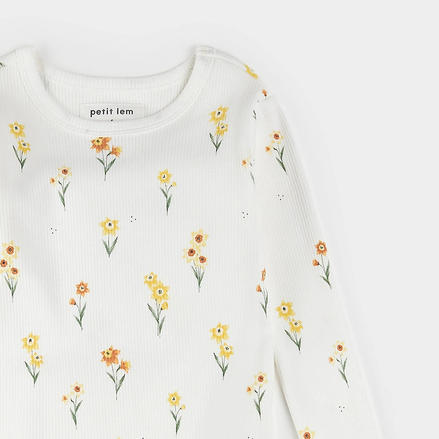 Daffodil Print on Off-White Ribbed PJ Set - Parkette.