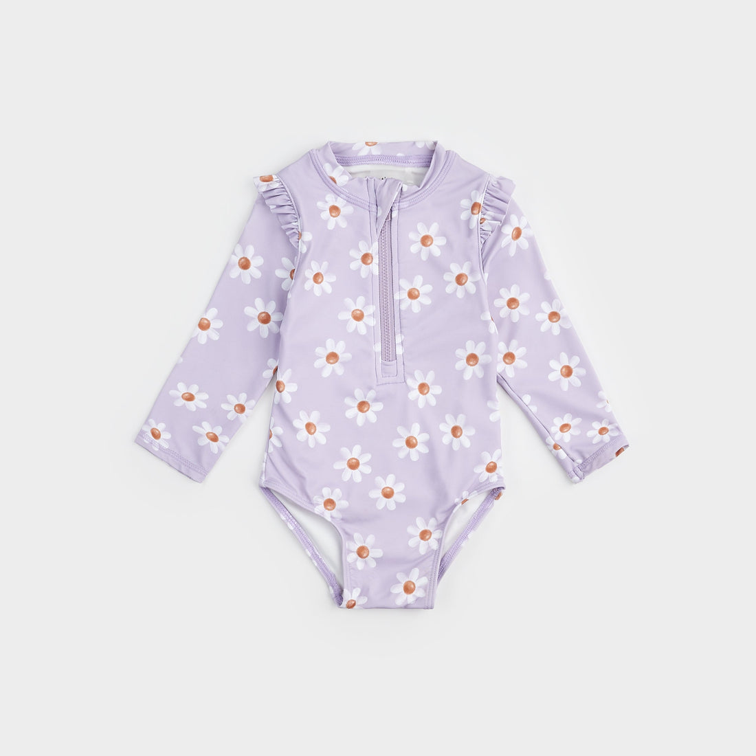 Daisy Print On Lavender Long-Sleeve Swimsuit - Parkette.
