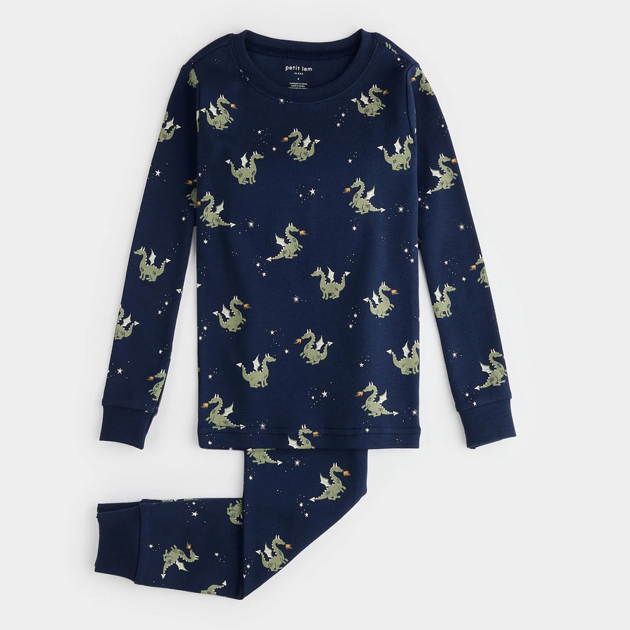 Fire-Breathing Dragon Print on Navy Blue PJ Set - Parkette.
