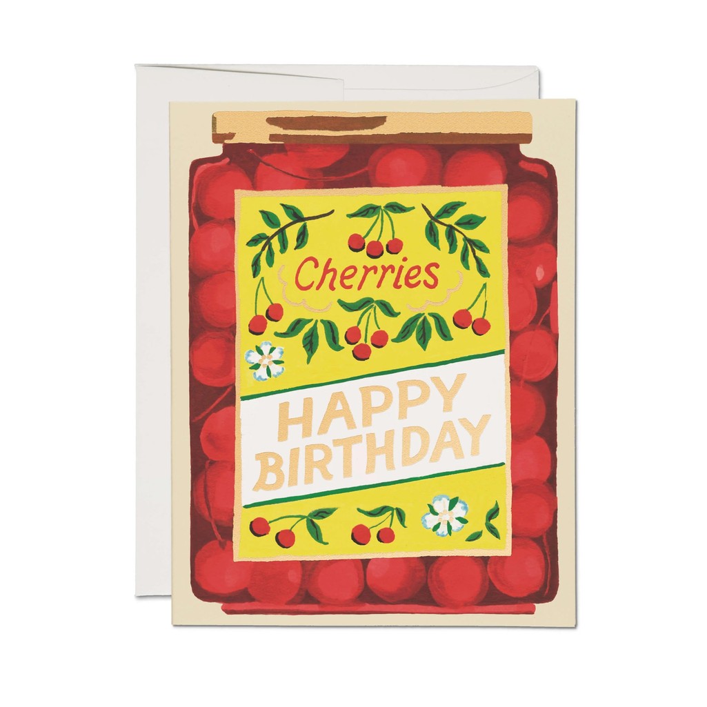 Greeting card with cherry design and 'Happy Birthday' text on a white background