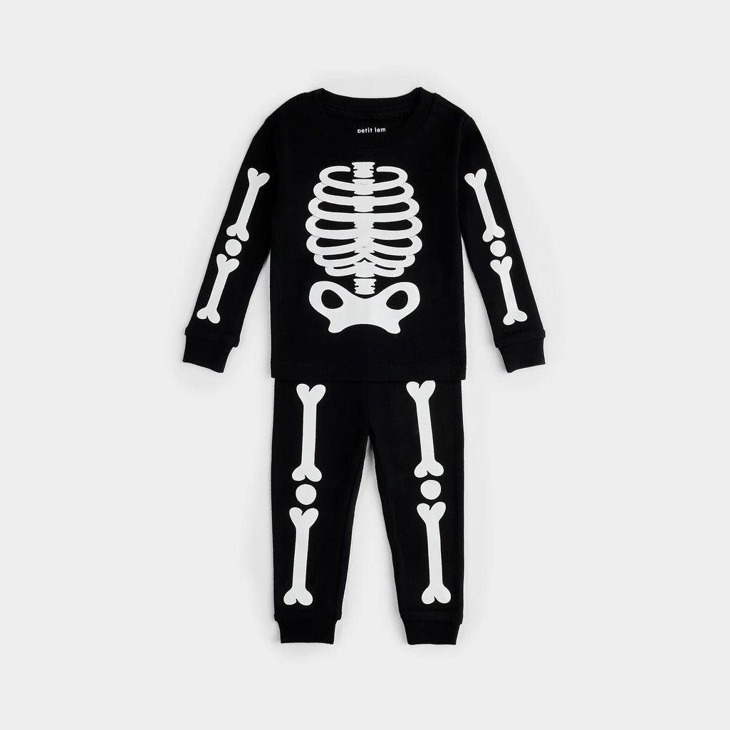 Skeleton Glow in the Dark Print on Black PJ Set - Parkette.