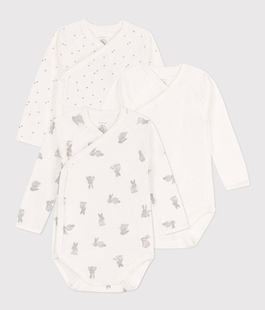 Long Sleeved Cotton Wrapover Bodysuits 3-pack - Bunnies - Parkette.