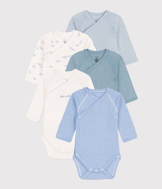LONG-SLEEVED WRAPOVER PRINTED COTTON BODYSUITS - PACK OF 5 (Mistral) - Parkette.