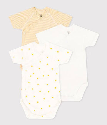 Wrapover Short-Sleeved Printed Cotton Bodysuit - Pack of 3 (Suns) - Parkette.