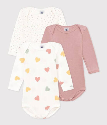 Long Sleeved Cotton Bodysuits 3-Pack - Hearts - Parkette.