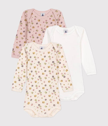 Set of 3 Long-sleeved Cotton Flower Bodysuits - Parkette.