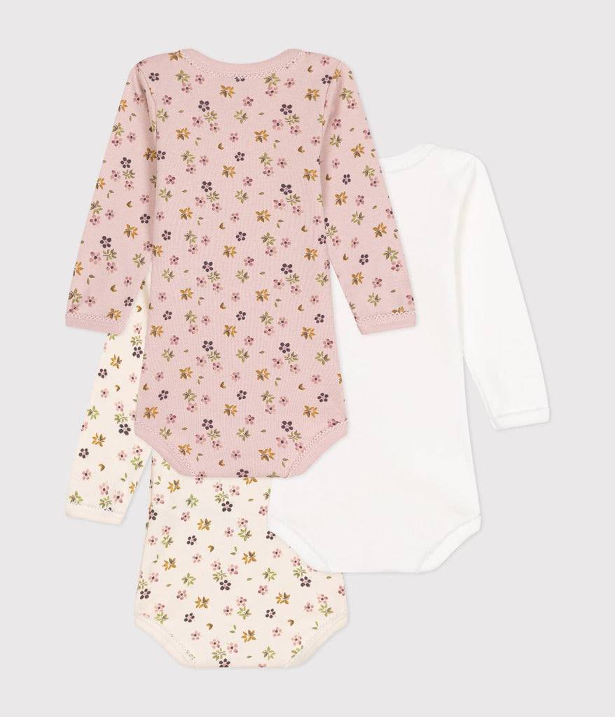 Set of 3 Long-sleeved Cotton Flower Bodysuits - Parkette.