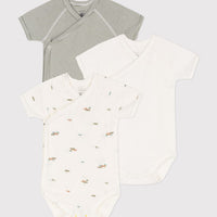 Wrapover Short-Sleeved Printed Cotton Bodysuit - Pack of 3 (Hippos) - Parkette.