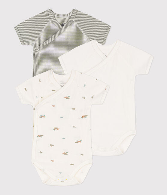 Wrapover Short-Sleeved Printed Cotton Bodysuit - Pack of 3 (Hippos) - Parkette.